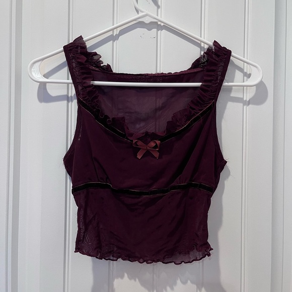 Brandy Melville Tops - Y2K Dark Red Mesh Ruffled Tank Top Vintage Grunge Indie Vampire Witchy Whimsical